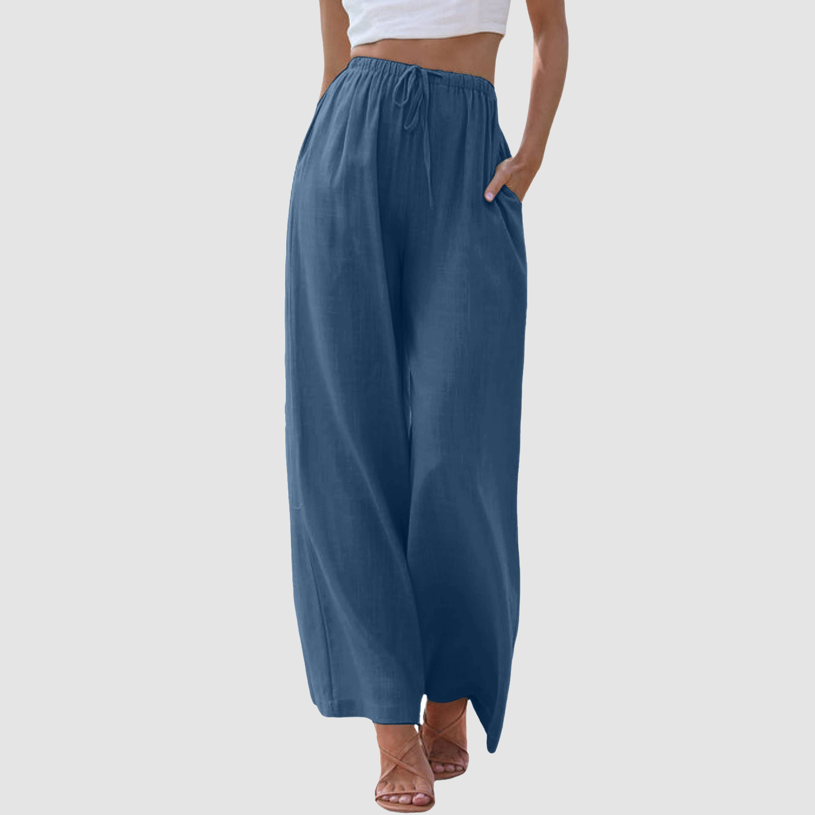 thumbnail image 2 of Pantalones de cintura alta y pierna ancha para mujer - Elástico con cordón, pierna recta cómoda, con bolsillos, 2 of 7